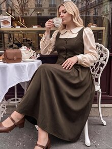 SHEIN MOD Plus-Size Brown Retro-Style Peter Pan Collar Long-Sleeved Shirt And Pleated Maxi Skirt Set; Sweet, Casual, And Perfect For Autumn/Winter.Christmas - Brown - View 4