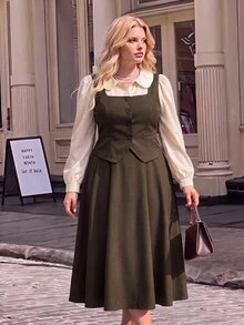 SHEIN MOD Plus-Size Brown Retro-Style Peter Pan Collar Long-Sleeved Shirt And Pleated Maxi Skirt Set; Sweet, Casual, And Perfect For Autumn/Winter.Christmas - Brown - View 5