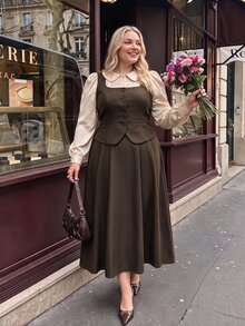 SHEIN MOD Plus-Size Brown Retro-Style Peter Pan Collar Long-Sleeved Shirt And Pleated Maxi Skirt Set; Sweet, Casual, And Perfect For Autumn/Winter.Christmas - Brown - View 1