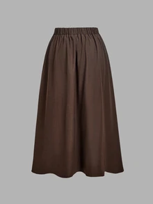 SHEIN MOD Plus-Size Brown Retro-Style Peter Pan Collar Long-Sleeved Shirt And Pleated Maxi Skirt Set; Sweet, Casual, And Perfect For Autumn/Winter.Christmas - Brown - View 12