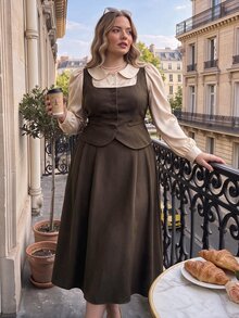 SHEIN MOD Plus-Size Brown Retro-Style Peter Pan Collar Long-Sleeved Shirt And Pleated Maxi Skirt Set; Sweet, Casual, And Perfect For Autumn/Winter.Christmas - Brown - View 6