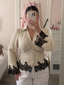 SHEIN MOD Plus Size French Lace Patchwork Button Pleated Blouse Fall - Khaki - View 4