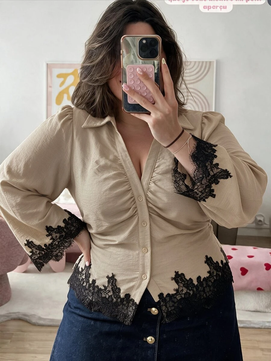 SHEIN MOD Plus Size French Lace Patchwork Button Pleated Blouse Fall - Khaki - View 1