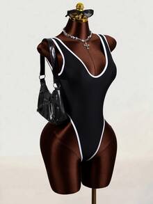 SHEIN Swim 1pc Women's Sexy Solid Color Deep V-Neck Backless High-Cut One-Piece Swimsuit - Black - View 5