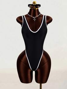 SHEIN Swim 1pc Women's Sexy Solid Color Deep V-Neck Backless High-Cut One-Piece Swimsuit - Black - View 8