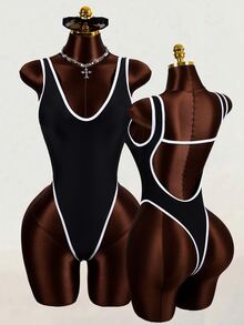 SHEIN Swim 1pc Women's Sexy Solid Color Deep V-Neck Backless High-Cut One-Piece Swimsuit - Black - View 4