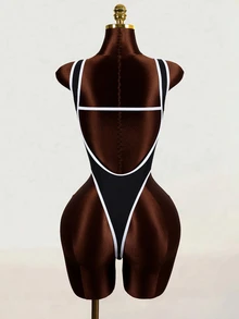 SHEIN Swim 1pc Women's Sexy Solid Color Deep V-Neck Backless High-Cut One-Piece Swimsuit - Black - View 6
