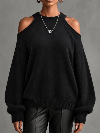 Linhara CURVE Suéter de Tricô Feminino Plus Size Preto, Gola Redonda, Ombro Frio, Solto, Fashion, Versátil e Casual