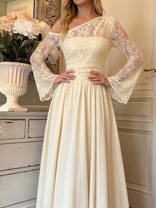 SHEIN MOD Cream Asymmetric Shoulder Lace Patchwork Bell Sleeve Midi Dress Garden Date Party Fall Romantic Elegant - Light Yellow - View 3