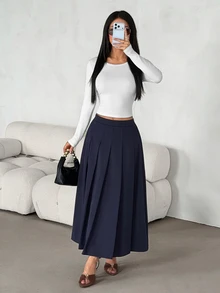 SHEIN PETITE Women's Solid Color Pleated Casual Elegant Versatile Daily Wear Skirt Office Work Navy Blue Autumn,Suitable For Daily Work,Outings And School,Petite - Navy Blue - View 4