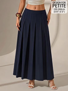 SHEIN PETITE Women's Solid Color Pleated Casual Elegant Versatile Daily Wear Skirt Office Work Navy Blue Autumn,Suitable For Daily Work,Outings And School,Petite - Navy Blue - View 8