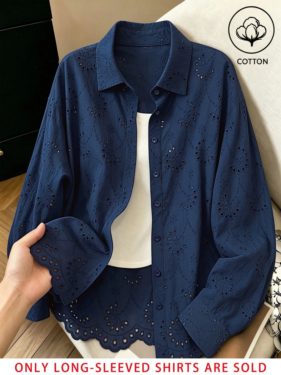 Franclia 春秋休閒百搭純色刺繡可追溯純棉布料寬鬆女款襯衫 - 寶藍色 - 查看 1