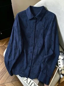 Franclia 春秋休閒百搭純色刺繡可追溯純棉布料寬鬆女款襯衫 - 寶藍色 - 查看 3