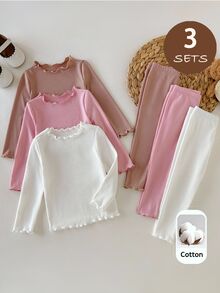 SHEIN Set Kasual Bayi Perempuan: Kaos Lengan Panjang Leher Bulat Warna Polos dan Celana - MultiWarna - View 4