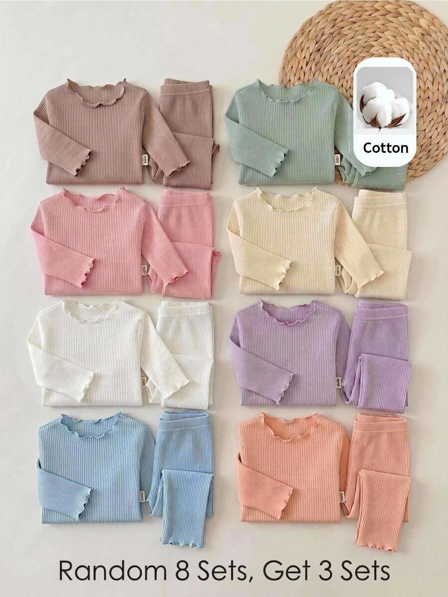 SHEIN Set Kasual Bayi Perempuan: Kaos Lengan Panjang Leher Bulat Warna Polos dan Celana - MultiWarna - View 1
