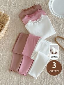 SHEIN Set Kasual Bayi Perempuan: Kaos Lengan Panjang Leher Bulat Warna Polos dan Celana - MultiWarna - View 3