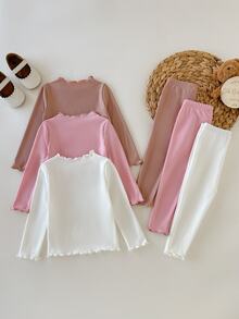 SHEIN Set Kasual Bayi Perempuan: Kaos Lengan Panjang Leher Bulat Warna Polos dan Celana - MultiWarna - View 2