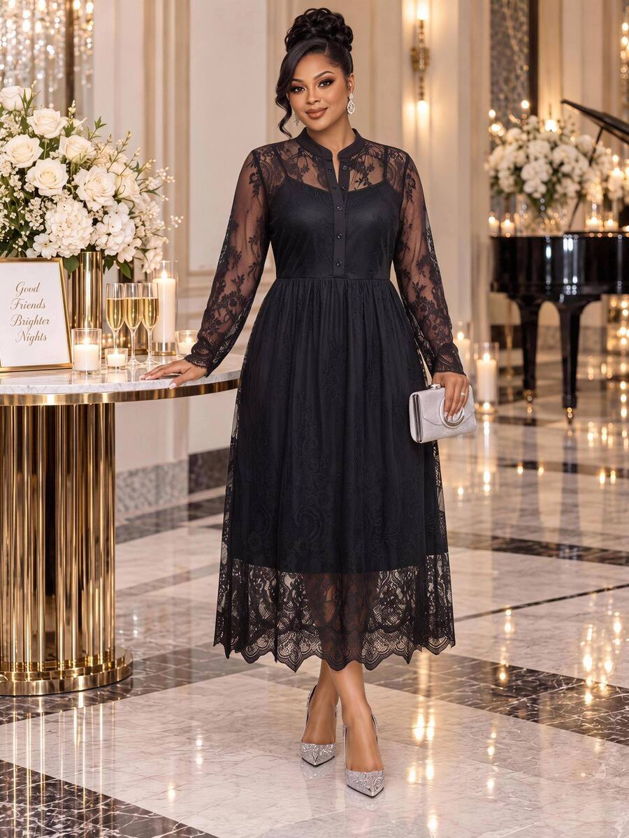 Fleurora Plus Size Elegant Party Lace Dress Fall - Black - View 1