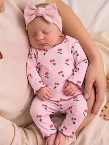 SHEIN Newborn Baby Fruit Print Long Sleeve Pajama Set With Ruffles And Cute Bow Headband. Adorable Baby Girl Print Pajama Set Including Long Sleeve Top And Pants, With Matching Baby Headband - Pink - View 9