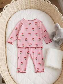 SHEIN Newborn Baby Fruit Print Long Sleeve Pajama Set With Ruffles And Cute Bow Headband. Adorable Baby Girl Print Pajama Set Including Long Sleeve Top And Pants, With Matching Baby Headband - Pink - View 4