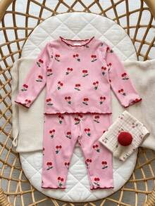 SHEIN Newborn Baby Fruit Print Long Sleeve Pajama Set With Ruffles And Cute Bow Headband. Adorable Baby Girl Print Pajama Set Including Long Sleeve Top And Pants, With Matching Baby Headband - Pink - View 5