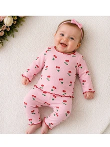 SHEIN Newborn Baby Fruit Print Long Sleeve Pajama Set With Ruffles And Cute Bow Headband. Adorable Baby Girl Print Pajama Set Including Long Sleeve Top And Pants, With Matching Baby Headband - Pink - View 6