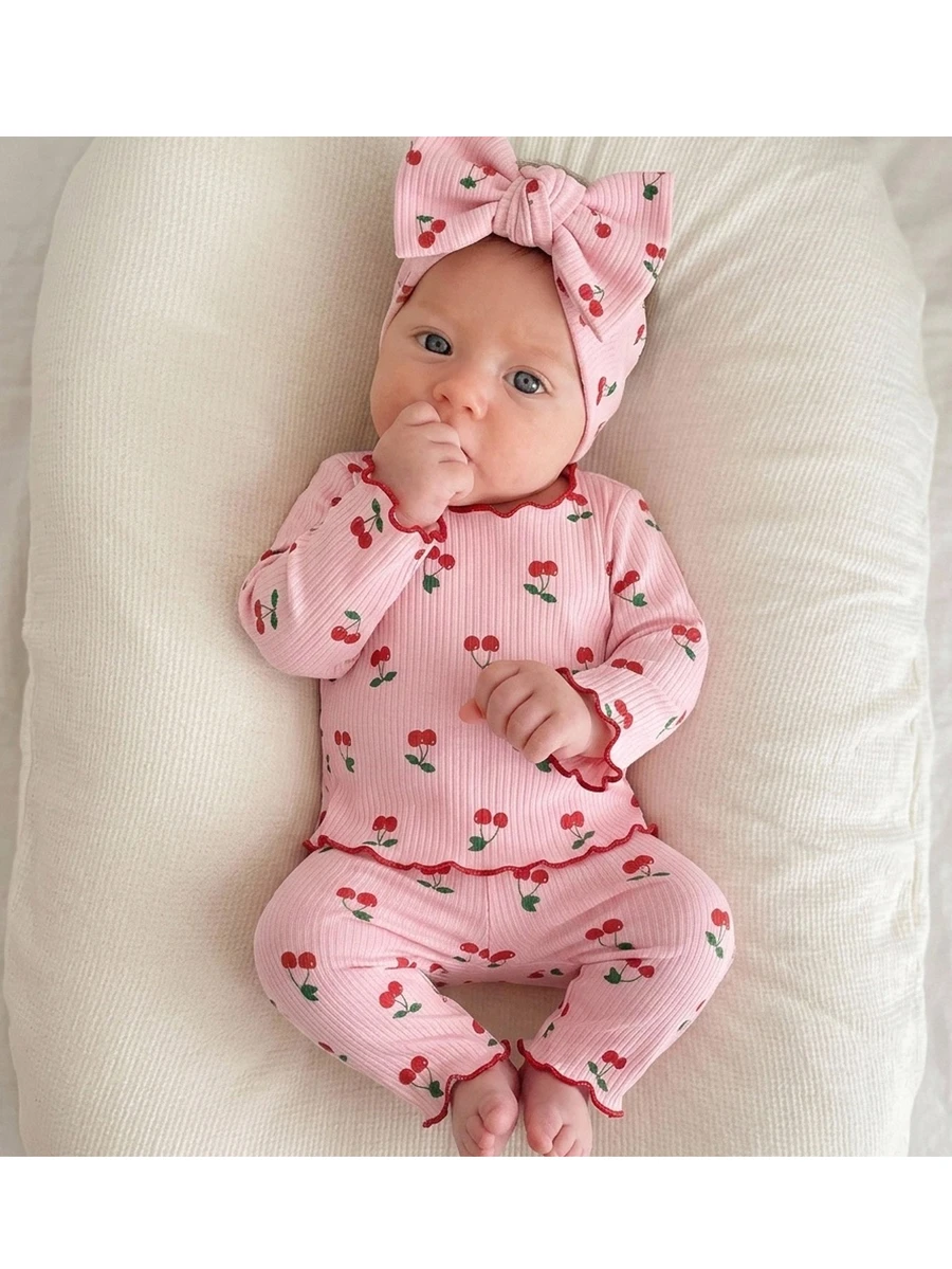 SHEIN Newborn Baby Fruit Print Long Sleeve Pajama Set With Ruffles And Cute Bow Headband. Adorable Baby Girl Print Pajama Set Including Long Sleeve Top And Pants, With Matching Baby Headband - Pink - View 1