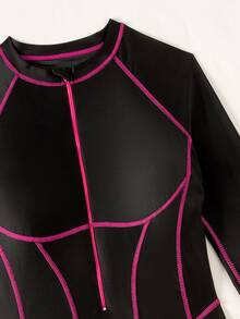 SHEIN Swim Women's One-Piece Splicing Tight Sexy Swimsuit, Fuchsia Color Blocking, Suitable For Swimming Pool, Beach, Surfing, Spring/Summer - Black - View 6