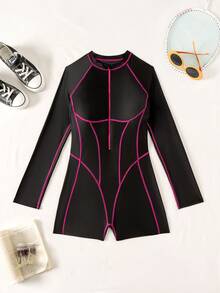SHEIN Swim Women's One-Piece Splicing Tight Sexy Swimsuit, Fuchsia Color Blocking, Suitable For Swimming Pool, Beach, Surfing, Spring/Summer - Black - View 7