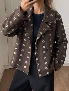 DAZY Women's Lapel Long Sleeve Button-Up Floral Pattern Wool - Light Grey - View 8