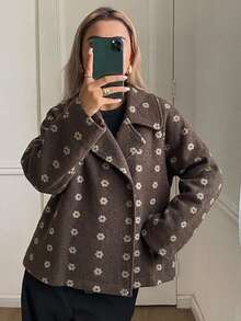 DAZY Women's Lapel Long Sleeve Button-Up Floral Pattern Wool - Light Grey - View 9