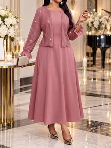 Fleurora Plus Size Women's Sequin Ruffle Cuff Open Front Jacket And Dress Elegant 2 Pieces Set Fall - Dusty Pink - View 5