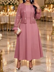 Fleurora Plus Size Women's Sequin Ruffle Cuff Open Front Jacket And Dress Elegant 2 Pieces Set Fall - Dusty Pink - View 4