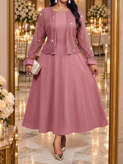 Fleurora Plus Size Women's Sequin Ruffle Cuff Open Front Jacket And Dress Elegant 2 Pieces Set