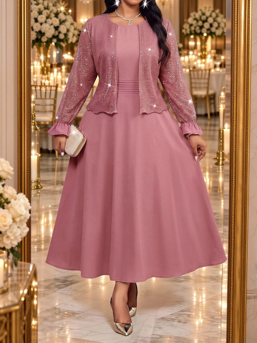 Fleurora Plus Size Women's Sequin Ruffle Cuff Open Front Jacket And Dress Elegant 2 Pieces Set Fall - Dusty Pink - View 1