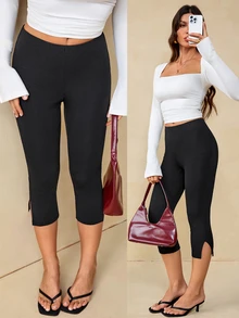 SHEIN Tall Tall Women's Casual Elegant Commuter Fashion Side-Slit Mid-Length Pants - Black - View 4