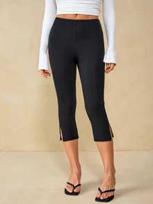 SHEIN Tall Tall Women's Casual Elegant Commuter Fashion Side-Slit Mid-Length Pants - Black - View 6