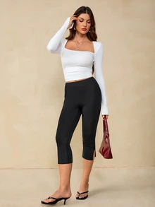 SHEIN Tall Tall Women's Casual Elegant Commuter Fashion Side-Slit Mid-Length Pants - Black - View 3