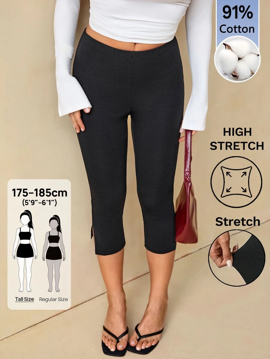 SHEIN Tall Tall Women's Casual Elegant Commuter Fashion Side-Slit Mid-Length Pants - Black - View 1