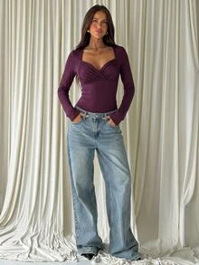 Aloruh Women's Autumn Elegant Solid Color Slim Fit T-Shirt - Purple - View 7