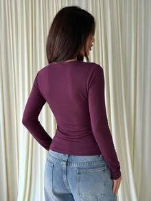 Aloruh Women's Autumn Elegant Solid Color Slim Fit T-Shirt - Purple - View 2