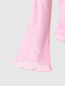 SHEIN Sparklyn ملابس علوية للبنات بتصميم جديد للربيع/الخريف، سترة وطبقة داخلية 2 في 1، أكتاف مفتوحة، ترتر وشبكة، أكمام طويلة، أنيقة وعصرية وحلوة وجميلة - وردي - مشاهدة 5