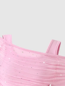SHEIN Sparklyn ملابس علوية للبنات بتصميم جديد للربيع/الخريف، سترة وطبقة داخلية 2 في 1، أكتاف مفتوحة، ترتر وشبكة، أكمام طويلة، أنيقة وعصرية وحلوة وجميلة - وردي - مشاهدة 7