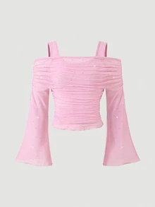 SHEIN Sparklyn ملابس علوية للبنات بتصميم جديد للربيع/الخريف، سترة وطبقة داخلية 2 في 1، أكتاف مفتوحة، ترتر وشبكة، أكمام طويلة، أنيقة وعصرية وحلوة وجميلة - وردي - مشاهدة 4