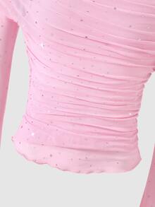 SHEIN Sparklyn ملابس علوية للبنات بتصميم جديد للربيع/الخريف، سترة وطبقة داخلية 2 في 1، أكتاف مفتوحة، ترتر وشبكة، أكمام طويلة، أنيقة وعصرية وحلوة وجميلة - وردي - مشاهدة 6