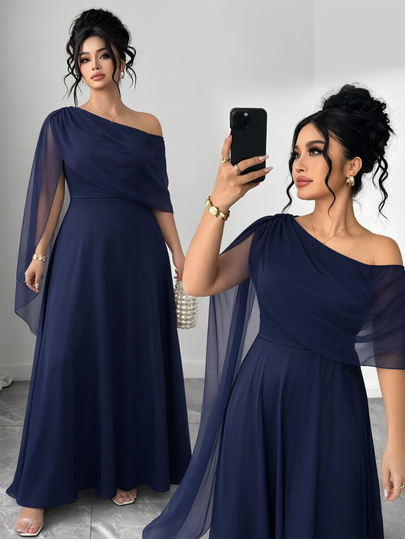 Elenzga Vestido de moda elegante vintage francés casual con escote asimétrico en el hombro y lazo color burdeos