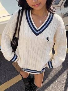 SHEIN كنزة صوفية للبنات المراهقات بأسلوب جامعي مخطط للخريف والشتاء، كاجوال يومي، بتصميم ألوان متباينة ورقع مطرزة، لطيفة ومريحة وأنيقة - متعدد الألوان - مشاهدة 6