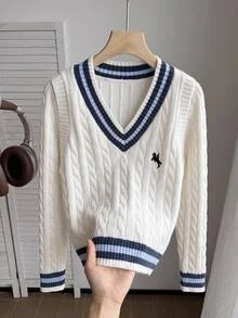 SHEIN كنزة صوفية للبنات المراهقات بأسلوب جامعي مخطط للخريف والشتاء، كاجوال يومي، بتصميم ألوان متباينة ورقع مطرزة، لطيفة ومريحة وأنيقة - متعدد الألوان - مشاهدة 2