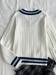 SHEIN كنزة صوفية للبنات المراهقات بأسلوب جامعي مخطط للخريف والشتاء، كاجوال يومي، بتصميم ألوان متباينة ورقع مطرزة، لطيفة ومريحة وأنيقة - متعدد الألوان - مشاهدة 5