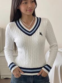 SHEIN كنزة صوفية للبنات المراهقات بأسلوب جامعي مخطط للخريف والشتاء، كاجوال يومي، بتصميم ألوان متباينة ورقع مطرزة، لطيفة ومريحة وأنيقة - متعدد الألوان - مشاهدة 4